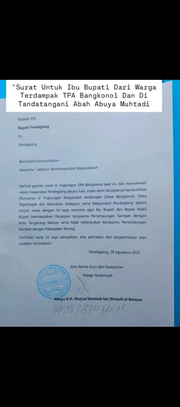 Surat dari Abuya Muhtadi meminta Pembatalan Kerjasama Sampah Pandeglang