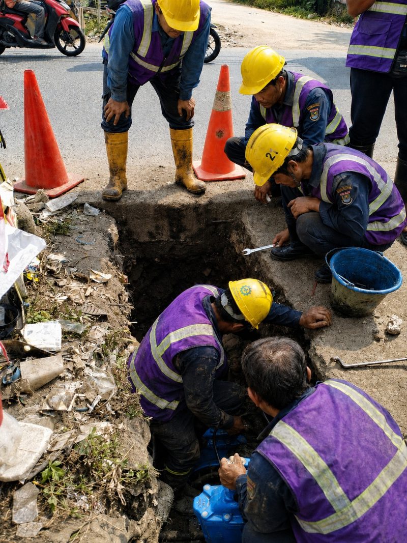 Tim teknis PERUMDAM TKR melakukan penanganan dan pemeriksaan jaringan air di wilayah Kosambi Barat, Kabupaten Tangerang, untuk memastikan distribusi air kepada pelanggan kembali normal.